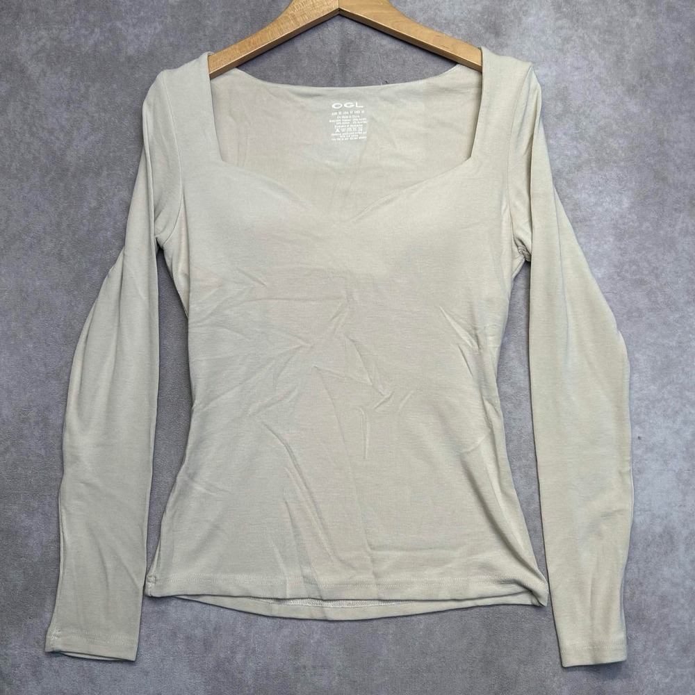 OGL Womens Beige Sweetheart Square Neck Long Sleeve Fitted Top Size M